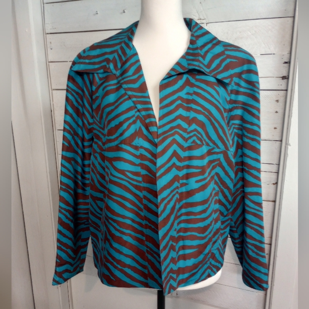 Patrick Christopher Open Front Blazer Blue Zebra Striped Womens XL 100% Silk